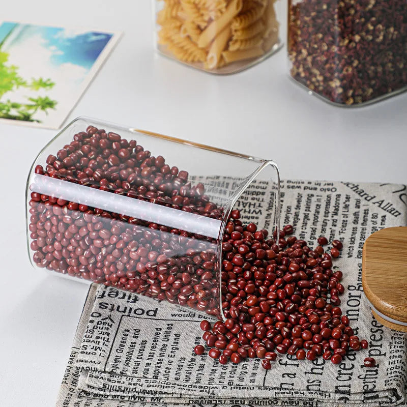 Square Sealed Glass Bottles Jars New Tea Coffee Beans Transparent Storage Boxes Candy and Snack Tins with Bamboo Lid