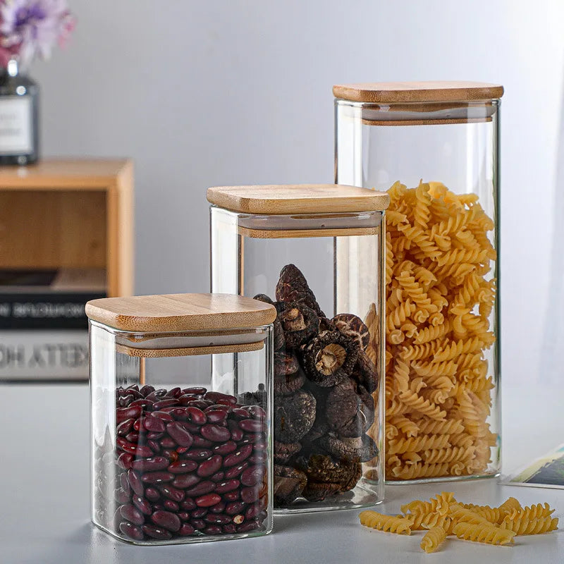 Square Sealed Glass Bottles Jars New Tea Coffee Beans Transparent Storage Boxes Candy and Snack Tins with Bamboo Lid